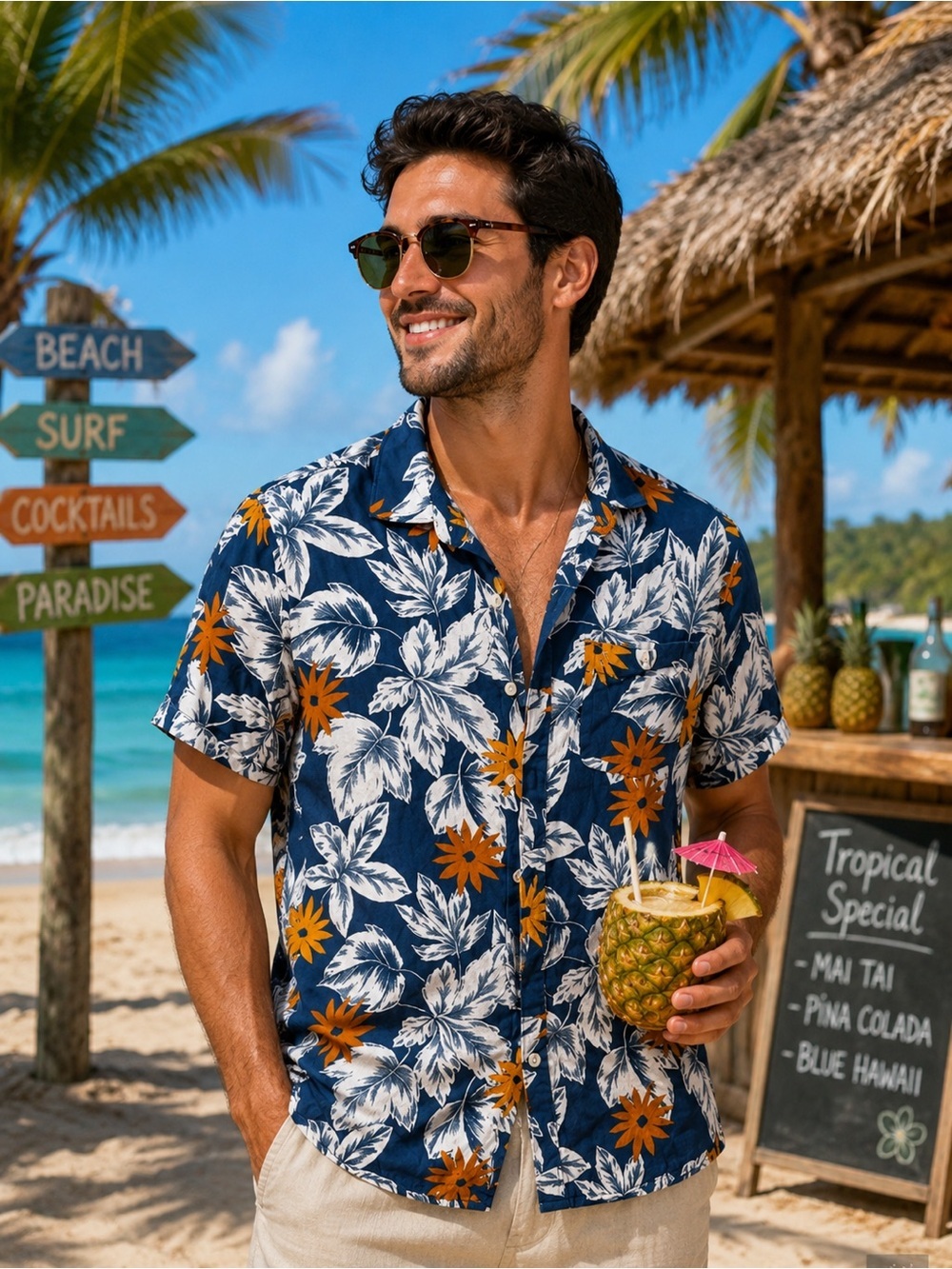 Penguin Men's Sz M Navy Floral Short-Sleeve Button-Up Shirt Tropical Vacation